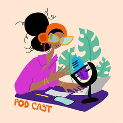 Naklejka premium Podcast concept,&nbsp;Radio host with table laptop mic pencil&nbsp;flat vector illustration.&nbsp;Female podcaster with inscription, spiking to mic, broadcaster at workspace cartoon character