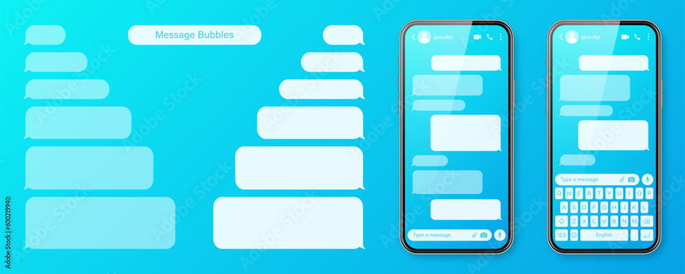Wall mural Realistic smartphone with messaging app on colorful blue background. Blank SMS text frame. Chat screen with transparent message bubbles. Social media application. Vector illustration