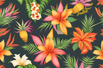 Fototapeta na wymiar Seamless pattern with exotic flowers and green leaves on a dark background. Generative AI.