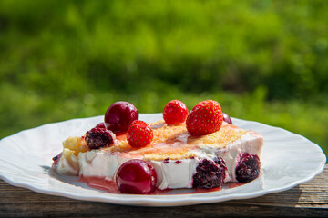 Cake with vanilla cream and fresh fruit in nature green background...cherry, strawberry, blackberry...