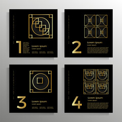 Cover for book, brochure, booklet, flyer, poster, folder. Modern geometric design with golden lines. Set of square format vector templates.