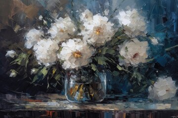 White peony flowers bouquet  in a vase, still life abstract impressionism oil painting style, ai generative