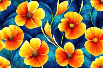 Seamless floral pattern with bright yellow and orange flowers. Generative AI.