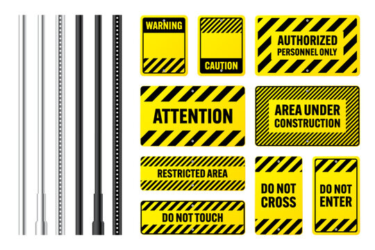 Warning, danger signs, attention banners with metal poles. Yellow caution sign, construction site signage. Notice signboard, warning banner, road shield. Vector illustration