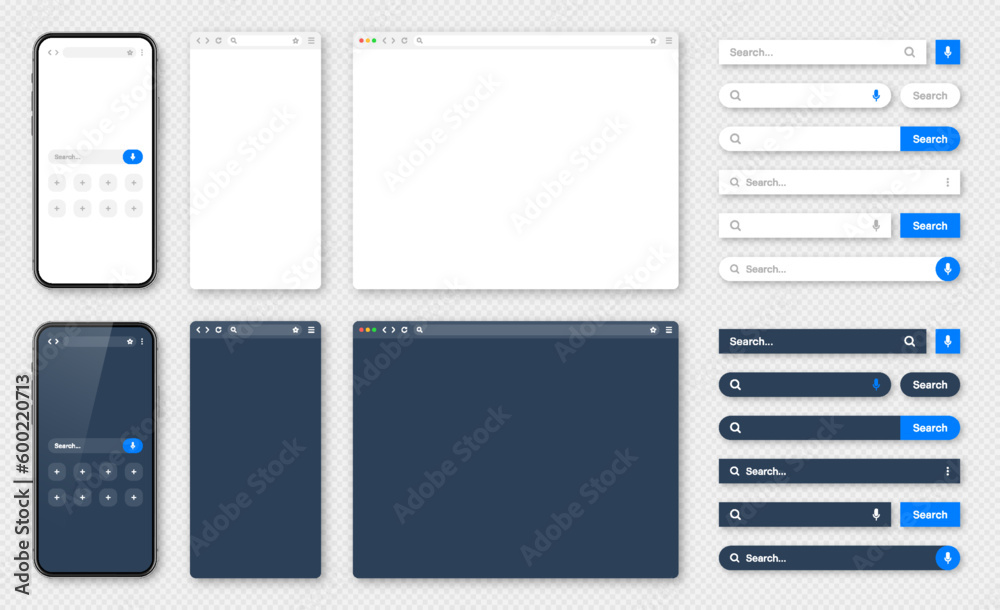 Poster smartphone, blank internet browser window with various search bars. web site engine with search box,