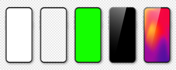 Smartphone with blank touch screen and abstract colorful wallpaper, green chroma key background. Frameless mobile phone in front view. High quality detailed device mockup. Vector illustration