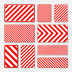 Various white and red warning signs with diagonal lines. Attention, danger or caution sign, construction site signage. Realistic notice signboard, warning banner, road shield. Vector illustration