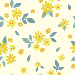 Obraz premium Seamless floral pattern, cute ditsy print with rustic motif. Simple botanical design for fabric, paper: hand drawn plants, small yellow flowers, tiny leaves on a white background. Vector illustration.