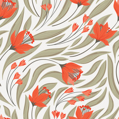 Seamless floral pattern, vintage flower print with wild plants. Elegant botanical design, abstract composition with hand drawn flora: red flowers, leaves on a white background. Vector illustration.