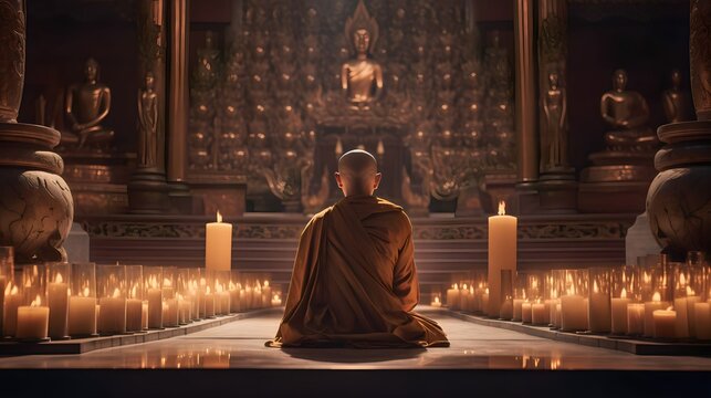 A monk meditating in the lotus position in front of golden Buddhas, Generative AI