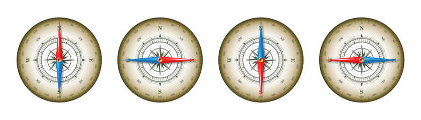 Marine compass, nautical wind rose with cardinal directions of North, East, South, West and degree markings. Geographical position and orientation, cartography and navigation. Vector illustration