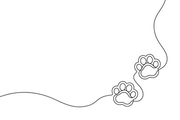 Paw continuous line drawing. One single hands drawn contour dog or cat. Design prints. Mark footprint oneline. Black lineart sketch isolated on white background. Marks outline bg. Vector illustration