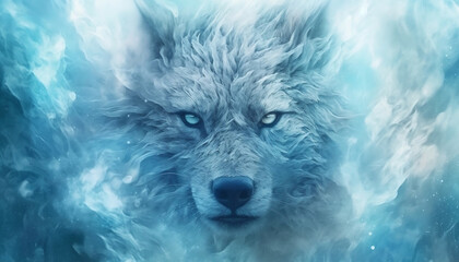 Winter wolf face emerges from the mist. Mist texture. Paint water mix. Made with Generative AI
