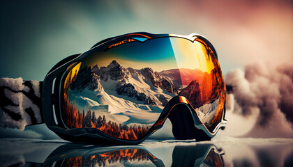 skier helmet with goggle on ski slope in alpine mountains. Generative AI - obrazy, fototapety, plakaty