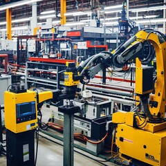 Generative AI. Smart Industry. Future Factory Industrial Revolution Production Automation. Robotic Arms. Modern Assembly and Welding Technologies. Industry 4.0. 4th A futuristic vision of industry.