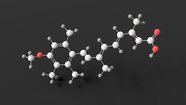 acitretin molecule, molecular structure, soriatane, ball and stick 3d model, structural chemical formula with colored atoms