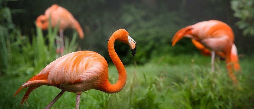 Flamingo long neck bird portrait outdoors panorama