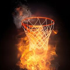illustration of fiery basketball ball flying to hoop on black background Generative AI - obrazy, fototapety, plakaty