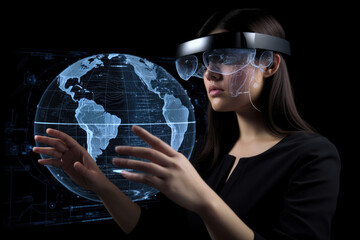 Office worker woman in vr helmet. Female using Virtual reality display in office tasks generative ai.