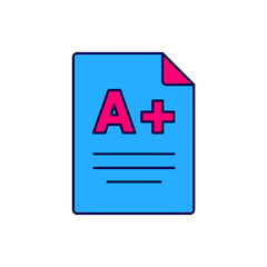 Filled outline Exam sheet with A plus grade icon isolated on white background. Test paper, exam, or survey concept. School test or exam. Vector