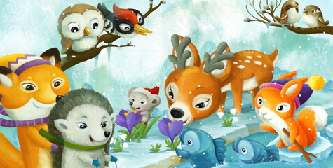 cartoon scene christmas animals near forest stream
