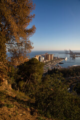 Fototapeta na wymiar view over Malaga at sunset travel banner