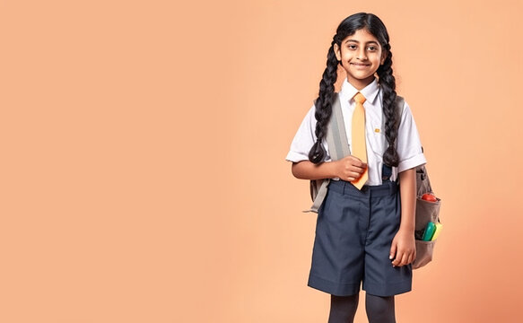 Happy indian pupil child with backpack and workbooks and apple lunch in uniform. School girl student banner. Schoolgirl portrait with copy space. Generative Ai.