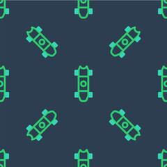 Line Longboard or skateboard cruiser icon isolated seamless pattern on blue background. Extreme sport. Sport equipment. Vector