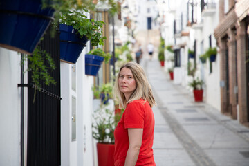 woman strolling in picturesque village of  Mijas. Costa del Sol  Andalusia  Spain
