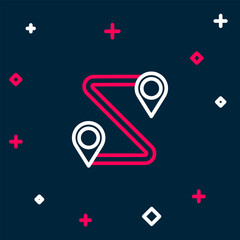 Line Route location icon isolated on blue background. Map pointer sign. Concept of path or road. GPS navigator. Colorful outline concept. Vector