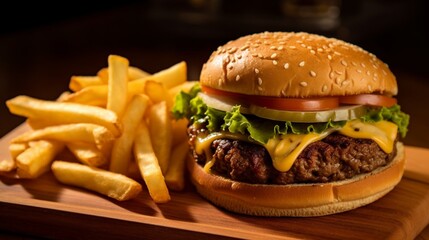 Fresh tasty burger on dark background AI image
