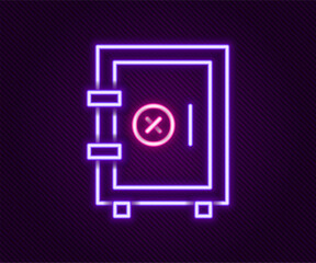 Fototapeta premium Glowing neon line Safe icon isolated on black background. The door safe a bank vault with a combination lock. Reliable Data Protection. Colorful outline concept. Vector