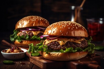 Mouth-watering photo of juicy burgers and fries. Advertising photo. Generative Ai.