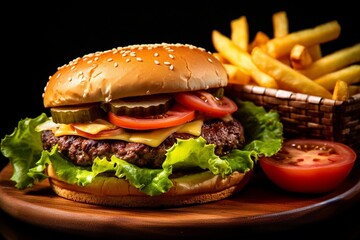 Fresh tasty burger on dark background AI image
