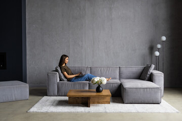 Happy pretty woman using laptop sitting on sofa