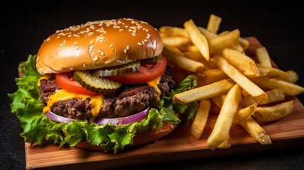 Fresh tasty burger on dark background AI image
