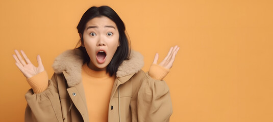 Portrait of excited overjoyed and shocked young asian woman. Unbelievable. Looking at camera and spreading hands. Isolated on background. Advertising. Generative Ai. - obrazy, fototapety, plakaty