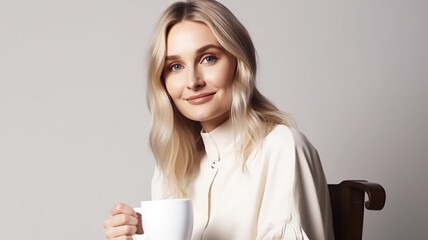 generative AI tools, blonde woman sitting , holding white coffee cup in hands, smiling to the camera.  
