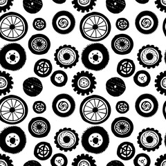 Automobile car tire parts seamless pattern with monochrome black and white elements background.