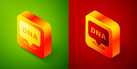 Isometric DNA symbol icon isolated on green and red background. Square button. Vector