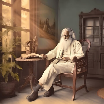 Rabindranath Tagore seated on chair. Bangladeshi famous poet and literature in Vintage classic and old photo