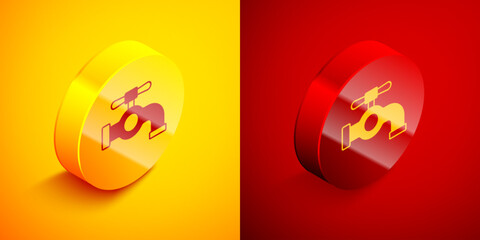 Isometric Water tap icon isolated on orange and red background. Circle button. Vector
