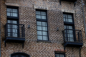 Detail of old, historical building on River Street in Savannah, Georgia