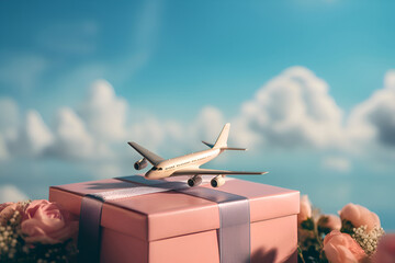 Airplane on pink gift boxes on sky background, Generative AI 5