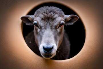 curious sheep looks through a hole in the wall, Generative AI
