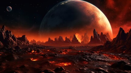 Fantastic landscape of Mars in red tones. AI generation