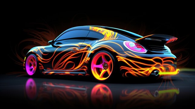 Car with airbrushing and neon lighting on a dark background. AI generation