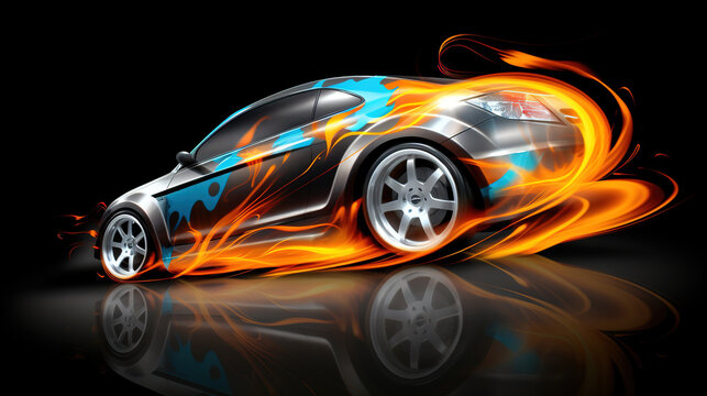 Car with airbrushing and neon lighting on a dark background. AI generation