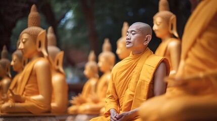 A monk meditating in the lotus position in front of golden Buddhas, Generative AI