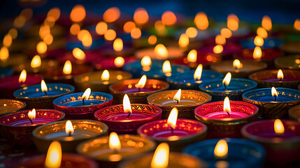 A group of Diya lamps arranged in a colorful display, captured in a wide shot under natural light, perfect for celebrating Diwali festivities, Created with generative Ai Technology.
